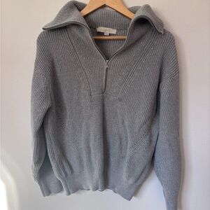 LOFT Light Gray Ribbed Knit Half-Zip Sweater